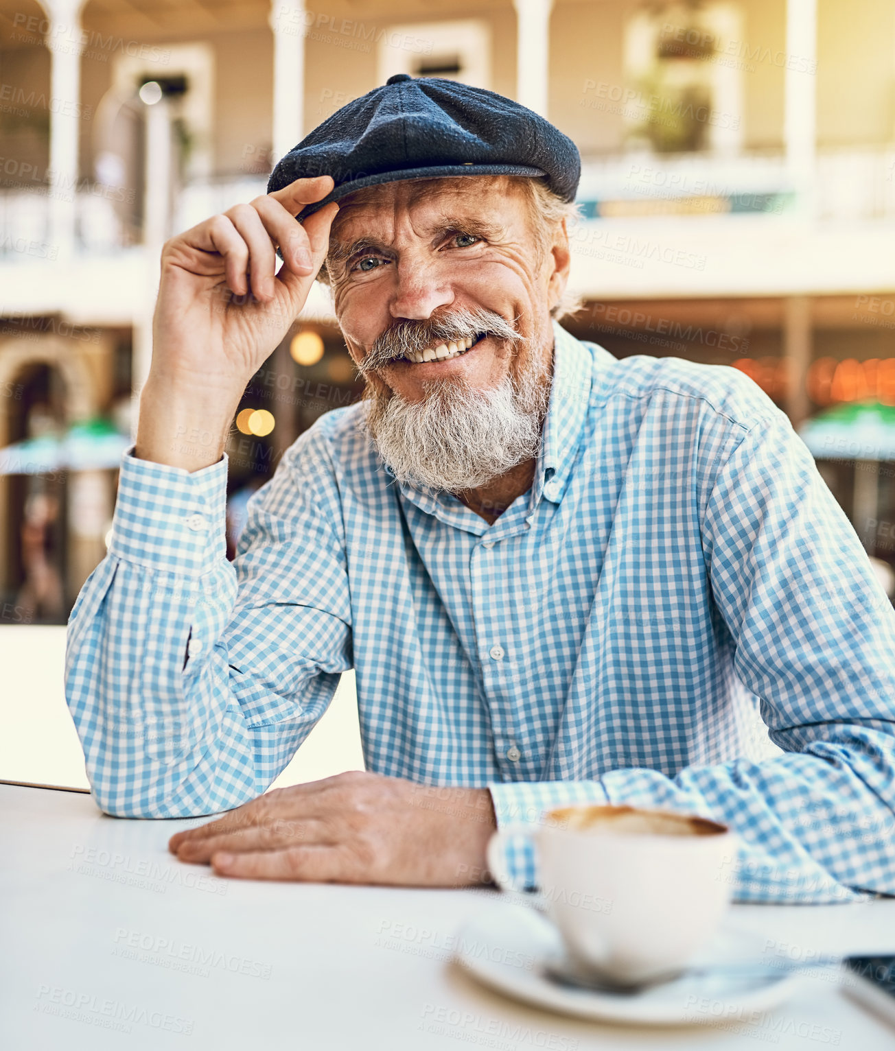 Buy stock photo Happiness, portrait and senior man in cafe for breakfast, beverage and tea cup in city of Paris in France. Restaurant, male person and meal for lunch, customer service and hospitality with order