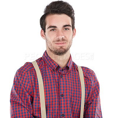 Buy stock photo Smile, man and portrait of a nerd or geek with white background isolated and happy. Smiling, smart and nerdy style clothes of a man standing with happiness of a model feeling positive in plaid