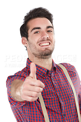 Buy stock photo Winner, businessman and goal with thumbs up portrait for happiness, achievement and victory with smile. Young, gen z and happy worker with career success on isolated studio white background. 