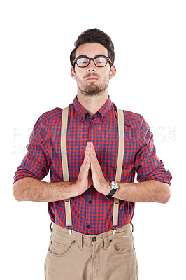 Buy stock photo Pray, nerd and portrait of a zen, mindfulness and spiritual geek man in meditation with glasses. White background, isolated and nerd person calm with hands together for peace and yoga in studio
