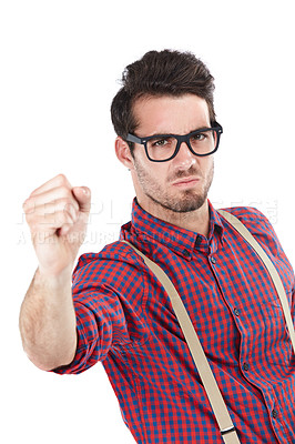 Buy stock photo Portrait, man and fist for anger, fight and frustrated with guy isolated on white studio background. Face, young person and male with gesture for conflict, warning and threatening with aggression