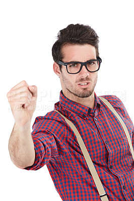 Buy stock photo Angry nerd and man with fist portrait for conflict, bullying or   warning gesture for frustration. Fight, frustrated and anger of geek model with negative face on isolated white background. 
