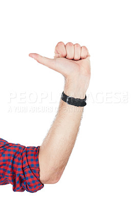 Buy stock photo Hand, thumb and mockup with a man in studio isolated on a white background for a logo or brand. Social media, emoji and gesture with a male making a sign on blank mock up space for branding