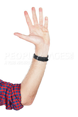Buy stock photo Hand, high five and man with hello, welcome and five number gesture with white background. Wave, stop or countdown sign language with a person isolated with palm in the air for waving greeting 