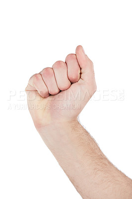 Buy stock photo Man, hand or fist for power, empowerment or solidarity for human rights, gender equality or mission on white background. Zoom, model or person with gesture in protest, freedom hope or justice change