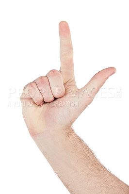 Buy stock photo Teacher, hand or counting fingers on isolated white background in mathematic solution, problem solving or education addition. Zoom, model or man gesture in countdown, timer or emoji on studio mockup