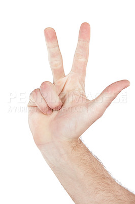 Buy stock photo Man, hand or finger counting on isolated white background in mathematic solution, problem solving or sum addition. Zoom, model or person and hand gesture in countdown, timer or emoji on studio mockup