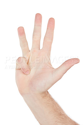 Buy stock photo Hands, number four and man in studio for sign language, countdown or gesture on white background. Hand, guy and communication with fingers for counting, signing or talking while standing isolated