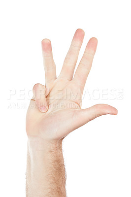 Buy stock photo Man, hand and closeup on number four in n studio for countdown, gesture or signal on white background. Hand, guy and communication with fingers for counting, signing or sign language while isolated