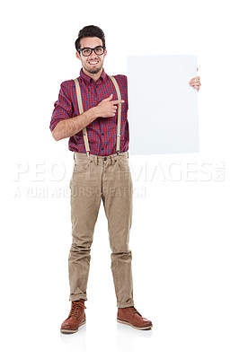 Buy stock photo Businessman, portrait and pointing to blank, paper or billboard in studio, space and white background. Face, employee and man with advertising, poster and marketing mockup while standing isolated