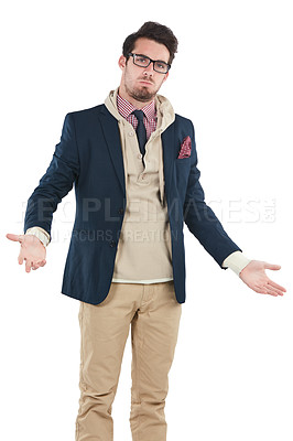 Buy stock photo Fashion, studio and man with a dont know gesture with a casual, style and trendy outfit. Serious, confused and portrait of a male person with stylish clothes and glasses isolated by white background.