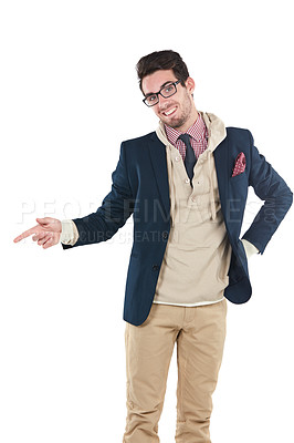 Buy stock photo Man, portrait and nerd pointing with happiness and smile in isolated white background. Happy, geek and young person with casual business style smiling with hand point in a studio feeling positive