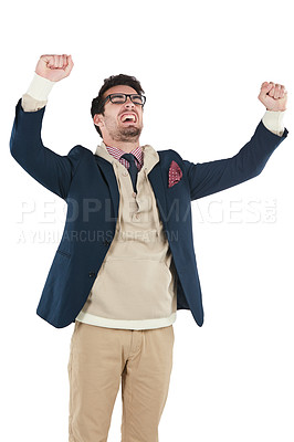 Buy stock photo Winner, success and champion with man and fist pump, celebration and bonus isolated on white background. Winning, happiness and excited about win with pride, celebrate and happy man with reward