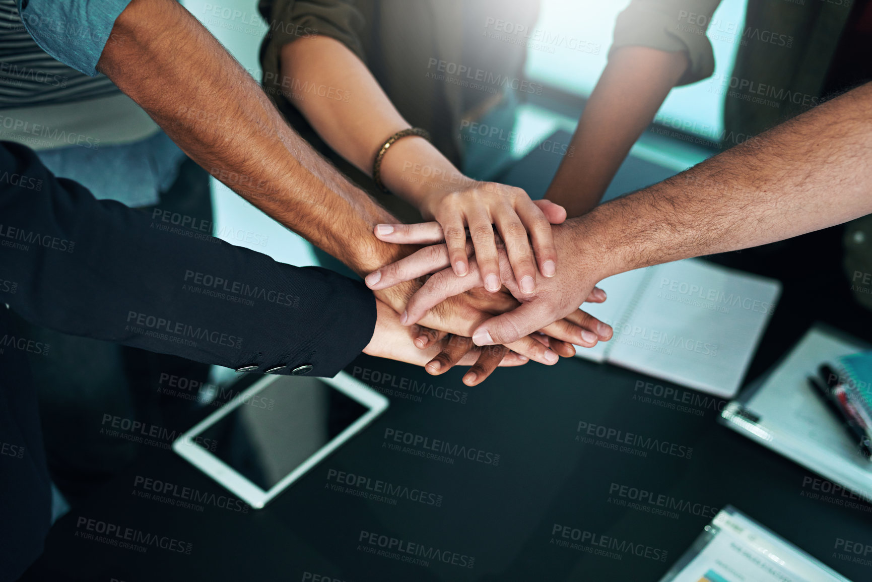 Buy stock photo Group, hands and join us for teamwork collaboration in business, project or sign of commitment. People, meeting and team building a connection in office with community, cooperation or support