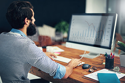 Buy stock photo Business man, financial graph and computer with digital work for online investment data. Finance employee, internet and web chart of a worker looking at stock market information for company job