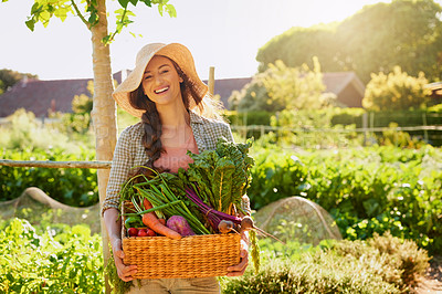 Buy stock photo Woman, portrait and a happy farmer with a vegetable basket outdoor for sustainability and wellness. Female sustainable business owner working on agriculture farm or garden for harvesting vegetables 