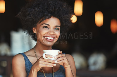 Buy stock photo Restaurant, thinking or happy woman with tea cup drink, contemplating and choice of hot chocolate, latte or espresso. Happiness, drinking or female customer relax in coffee shop, store or retail cafe