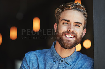 Buy stock photo Happy, face portrait and cafe man, coffee shop manager or small business owner with smile for startup success. Entrepreneur pride, retail store and person confident in commerce restaurant service