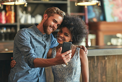 Buy stock photo Coffee shop selfie, cafe hug and happy people or couple of friends post photo memory to social network. Customer smile, retail service picture and person pose in startup, small business or restaurant