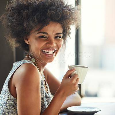 Buy stock photo Cafe portrait, happiness or woman with tea cup, smile and happy for beverage, hot chocolate or morning hydration drink. Wellness, laugh and female customer in coffee shop, restaurant or retail store