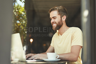 Buy stock photo Coffee shop, remote work and happy man typing laptop project, research report or customer experience insight. Cafe website, freelance blog writer and person doing internet search in restaurant store