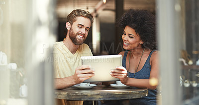 Buy stock photo Restaurant talking, tablet or happy people collaboration on project, research or customer experience report in retail cafe. Partnership, teamwork or diversity team on internet search in coffee shop