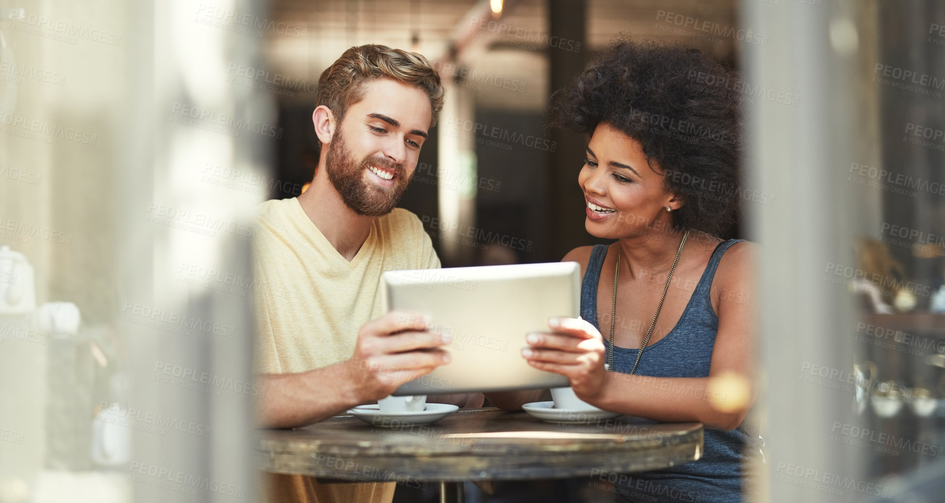 Buy stock photo Restaurant talking, tablet or happy people collaboration on project, research or customer experience report in retail cafe. Partnership, teamwork or diversity team on internet search in coffee shop