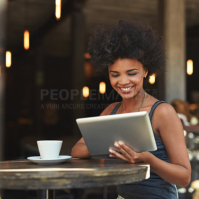 Buy stock photo Tablet reading, smile and coffee shop woman with satisfaction for restaurant review, sales growth or success news. Cafe manager, small business owner and happy person check customer experience data