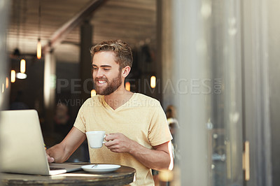 Buy stock photo Cafe store, laptop and happy man typing project, research or customer experience report, online review or reading web news. Tea cup, coffee shop drink and male client doing remote work in restaurant