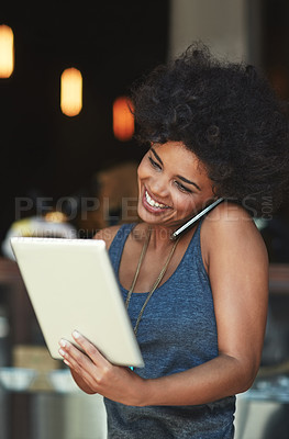 Buy stock photo Coffee shop, tablet or happy woman in phone call discussion with retail supplier, business contact or person. Communication, inventory checklist and store manager talking in store, restaurant or cafe