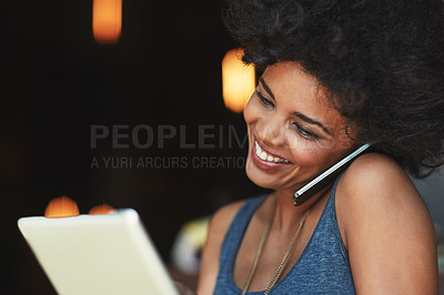 Buy stock photo Restaurant, phone call and happy woman reading tablet date, online statistics or taking to delivery order. Entrepreneur discussion, happiness or store manager consulting in store, coffee shop or cafe