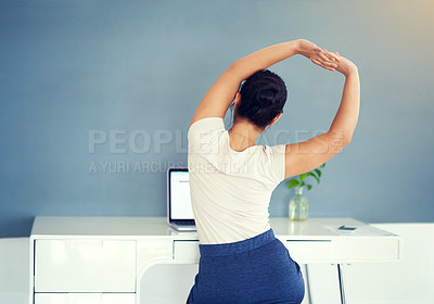 Buy stock photo Woman, work and stretching at desk in office, business workplace or working from home at computer table. Stretch, arm and hands of businesswoman or focus on posture, back pain and stress management