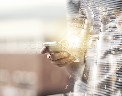 Buy stock photo Shot of a busy highway superimposed over an unidentifiable businessman using his cellphone in the office