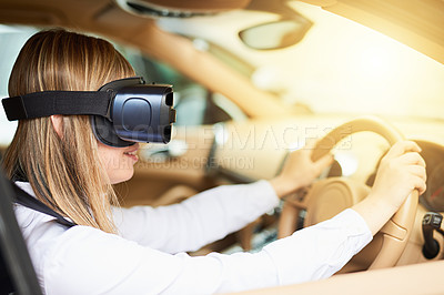 Buy stock photo VR, car and drive for woman in care, glasses and metaverse for futuristic transport. Technology, virtual or digital streaming for simulation in vehicle, augmented reality experience and female person