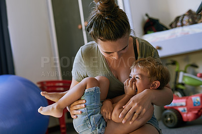 Buy stock photo Mother, boy and playful with laugh in home with hug, care and smile in morning with bonding for memory. Woman, mom and child with embrace, funny and love with connection at family house in Madrid