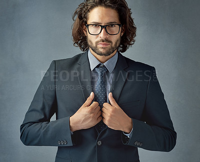 Buy stock photo Fashion, jacket and portrait of business man in studio on gray wall background for professional career. Corporate, style and suit with employee in formal work outfit for class, elegance or power