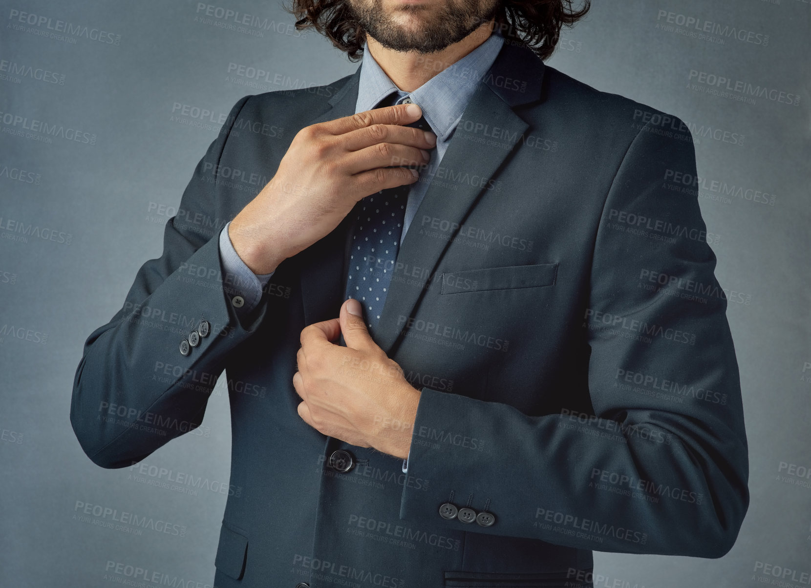 Buy stock photo Hands, suit and ready with tie for business man in studio with formal attire for corporate law by background. Person, attorney or lawyer in clothes, fashion or style with silk for job in legal system