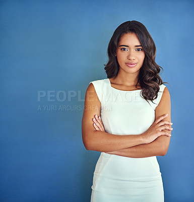Buy stock photo Mockup, portrait and business woman in studio for professional, entrepreneur and mission. Pride, space and empowerment with female employee on wall background for creative, arms crossed and career