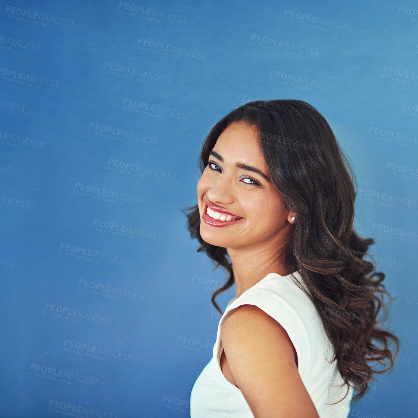 Buy stock photo Woman, smile and administrator portrait in studio, happy and mock up with administration employee. Corporate business, receptionist and blue background with confidence, secretary and professional