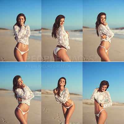 Buy stock photo Composite shot of a beautiful young woman posing in a white bikini on the beach