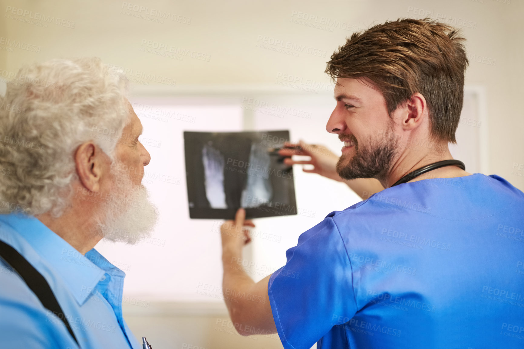 Buy stock photo Senior, man and nurse with xray in healthcare consultation for medical diagnosis and test analysis. Radiology, patient and doctor with anatomy scan for health review, surgery and assessment in clinic