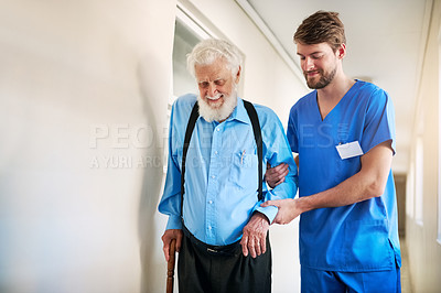 Buy stock photo Senior patient, nurse and help walking, moving or healthcare in nursing home, retirement and medical caregiver. Elderly, person with a disability and support from doctor or health care in hospital