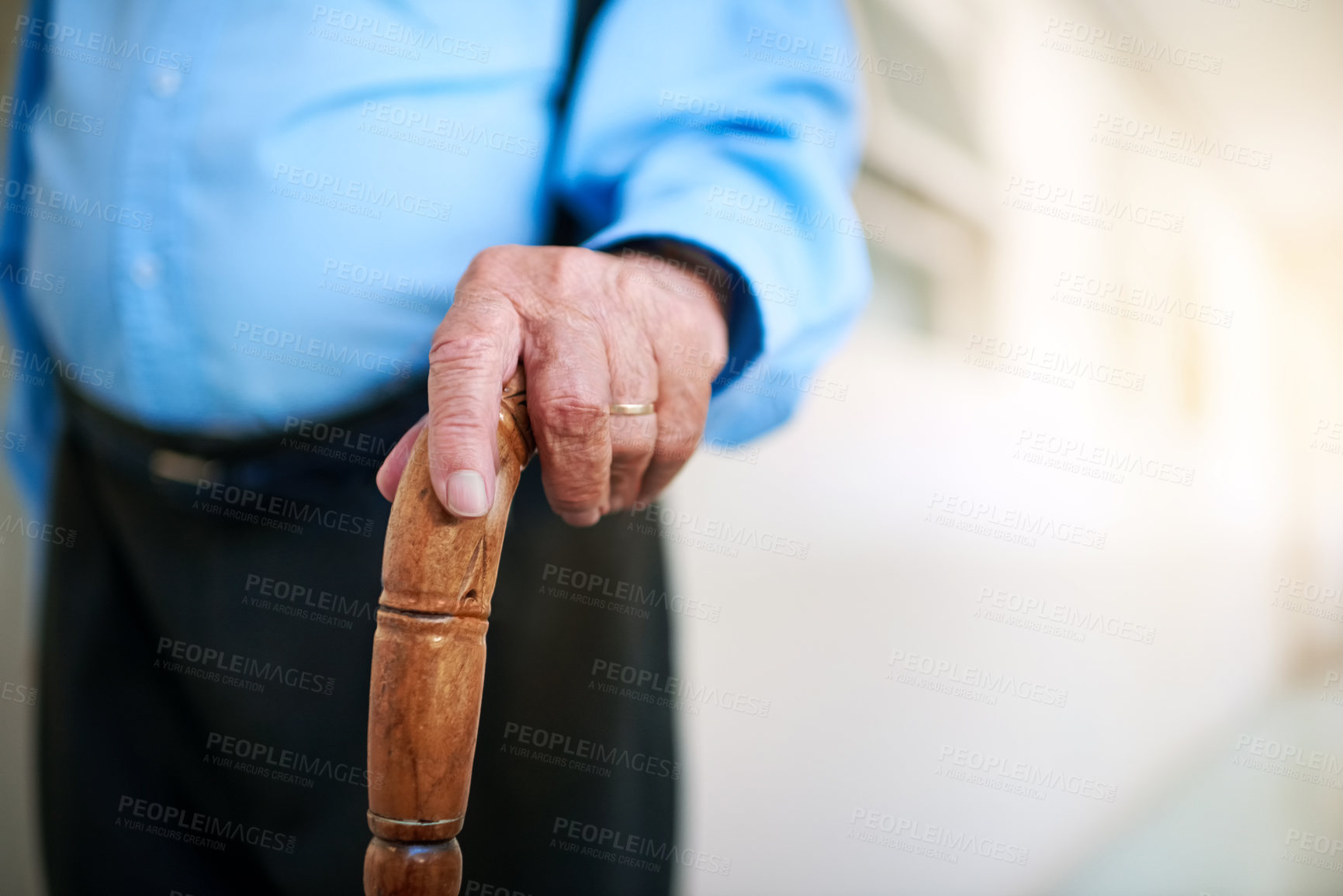 Buy stock photo Retirement, hand and senior man with walking stick in closeup for balance, support and injury. Health and male person with disability and cane for mobility, rehabilitation and recovery for arthritis