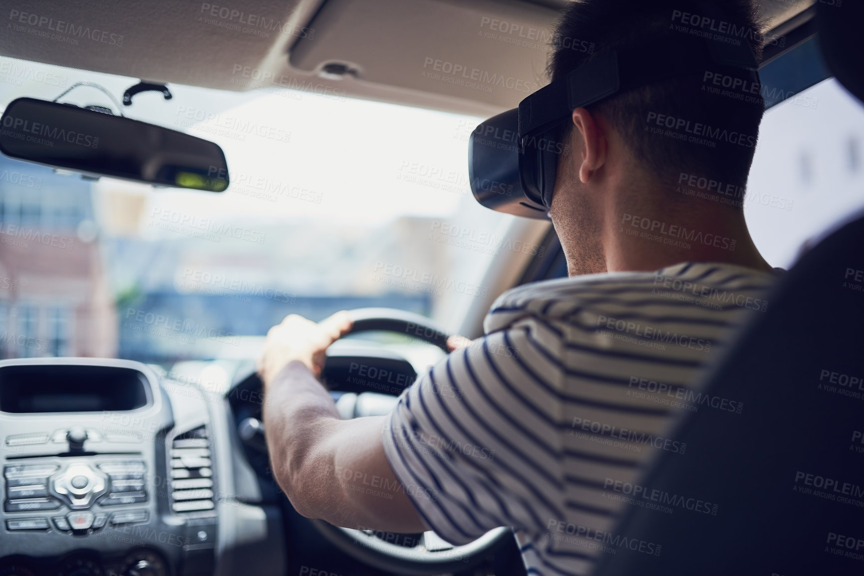 Buy stock photo VR, man and driving in car with headset for augmented reality, metaverse and futuristic transport. 3D goggles, driver and person with digital streaming for simulation, virtual experience and gaming