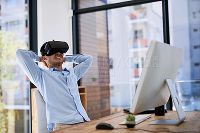 Buy stock photo VR, businessman and relax in office with headset for augmented reality, metaverse and user interface. 3D goggles, employee and person with digital innovation for simulation and virtual experience