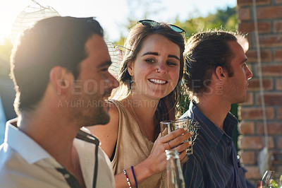 Buy stock photo Friends, drink and happy in backyard, party and excited with relax, summer and celebration. People, men and woman with conversation, wine and social group at event with smile on holiday in Ireland