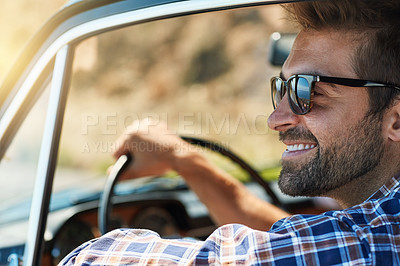 Buy stock photo Road trip, travel and man in window of car driving for adventure, summer vacation and holiday. Transportation, relax and face of male person in motor vehicle for freedom, journey and happy on weekend