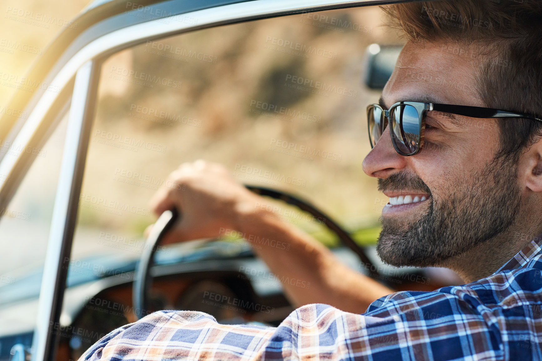 Buy stock photo Road trip, travel and man in window of car driving for adventure, summer vacation and holiday. Transportation, relax and face of male person in motor vehicle for freedom, journey and happy on weekend