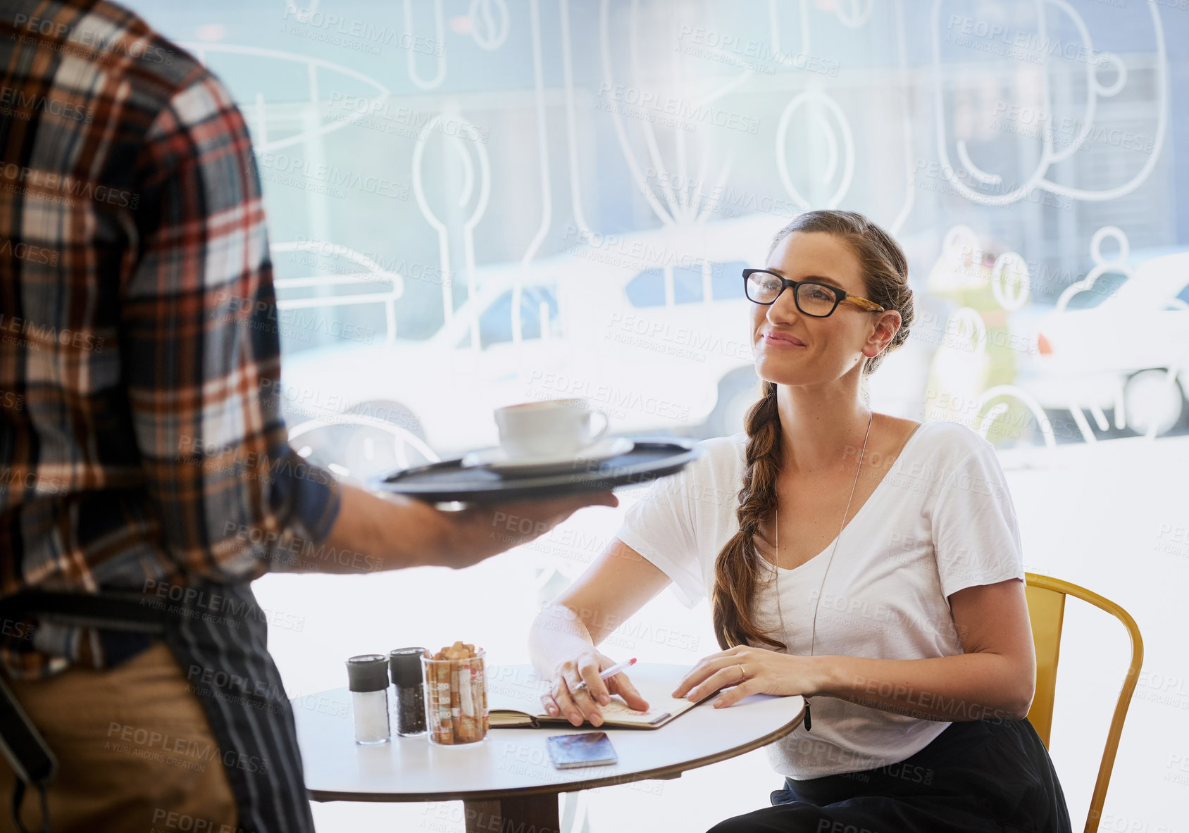 Buy stock photo Cafe, customer and waiter for service with coffee, cappuccino and hot beverage for client in morning. Restaurant, friendly woman and barista with espresso for serving, assistance and small business