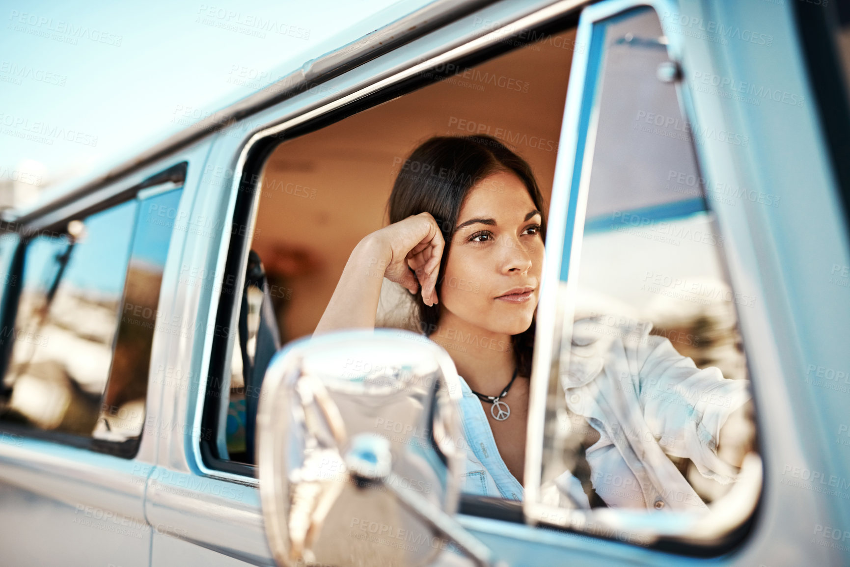 Buy stock photo Thinking, woman and driver in minivan window for drive, travel and road trip for adventure in New York. Female person, car and ideas or thoughts for vacation or holiday on journey for fun and relax